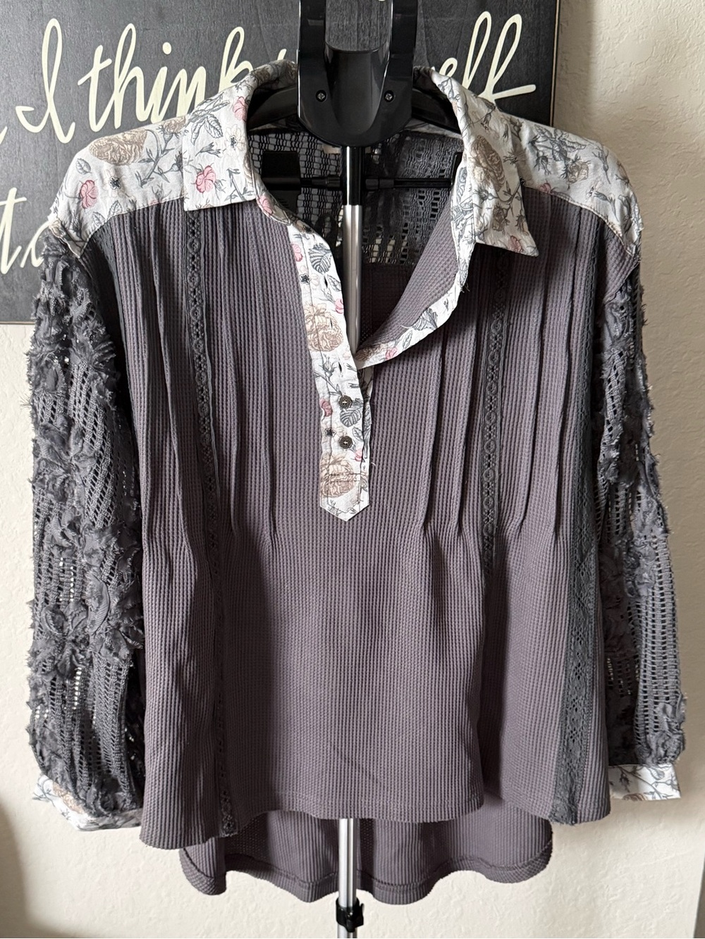 POL Gray Mixed Fabric Top NWOT